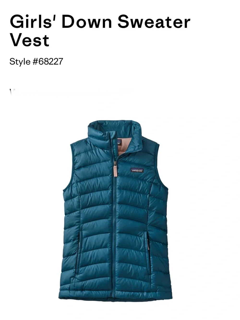 Patagonia Girls' Teal Down Sweater Vest size xs or 5-6